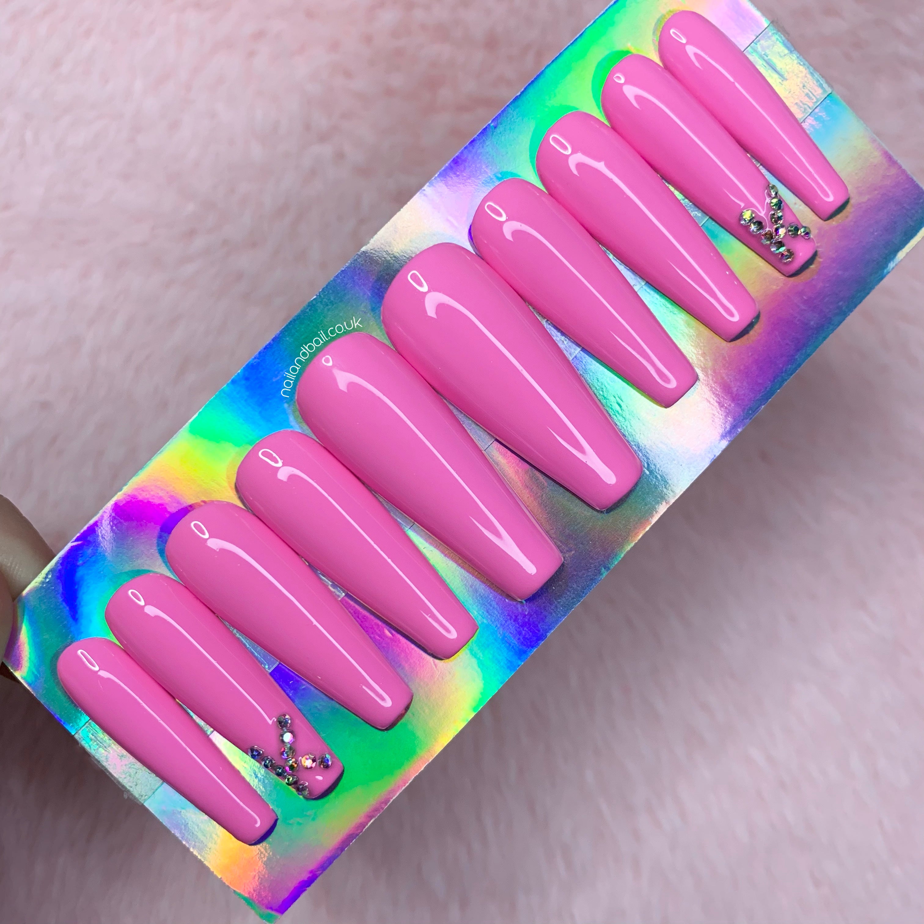 Bright pink initial crystal press on nails